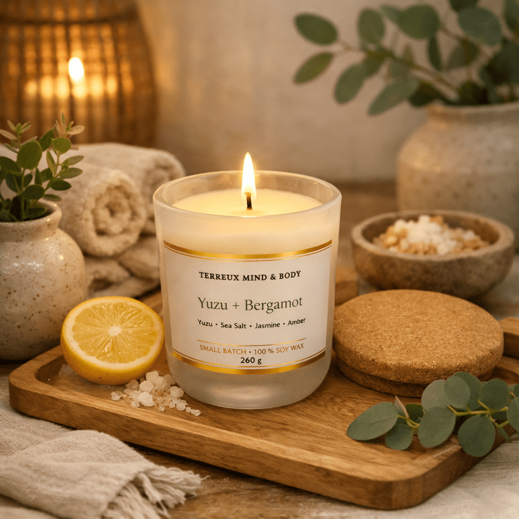Terreux Mind and Body 10 oz Yuzu Bergamot Scented Container Candle with 48 Hour Burn Time, Two-Wick, Soy Wax