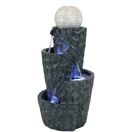 Sunnydaze 32 H Electric Polyresin Hewn Spiral Tower Outdoor Water Fountain with LED Lights