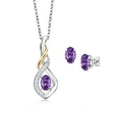 Gem Stone King 925 Sterling Silver and 10K Yellow Gold Purple Amethyst and White G-H Lab Grown Diamond Pendant Necklace Earrings Set For Women (1.43 Cttw, with 18 inch Chain)