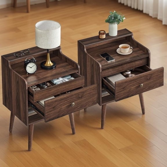 LEDREM Set of 2 Mid-Century Nightstands with Hidden Drawer,Bedside Tables with Open Shelf and Large Drawer,Solid Wood Legs,Natural Walnut