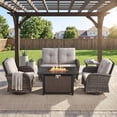 thumbnail image 2 of Patiobula Patio Furniture Set with Propane Fire Pit Table, 5 Pieces Outdoor Sectional Couch, Brown Wicker Rattan Conversation Loveseat Glider with Swivel Chair for Garden Backyard Deck, Beige, 2 of 15