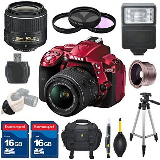 Nikon D5300 DSLR Camera Body (Red) + 18-55mm VR II Lens + .42x Fisheye Auxiliary Lens + 3pc Filter Kit + Full Size Tripod + Electronic Flash + 2pcs