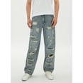 thumbnail image 3 of xiaxaixu Men's Ripped Distressed Denim Pants Sky Blue Mid Waist Straight Fit Washed Destroyed Denim Jeans, 3 of 9