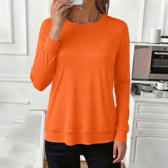 SSZMDLB Women Long Sleeve T-Shirts Round Neck Casual Basic Tee Solid Comfy Everyday Wear Travel Clothes, Orange L