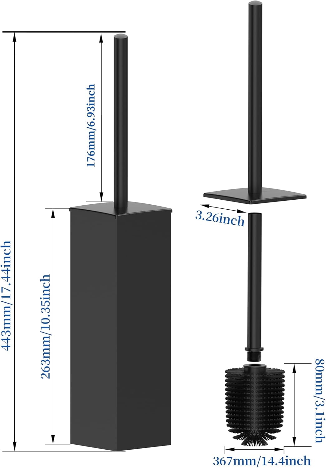 RUACQ Toilet Brush and Holder Set,Square Toilet Bowl Brush for Bathroom with 304 Stainless Steel Handle Toilet Cleaner Brush with Durable Scrubbing Bristles,Splash-Proof (Matte Black)