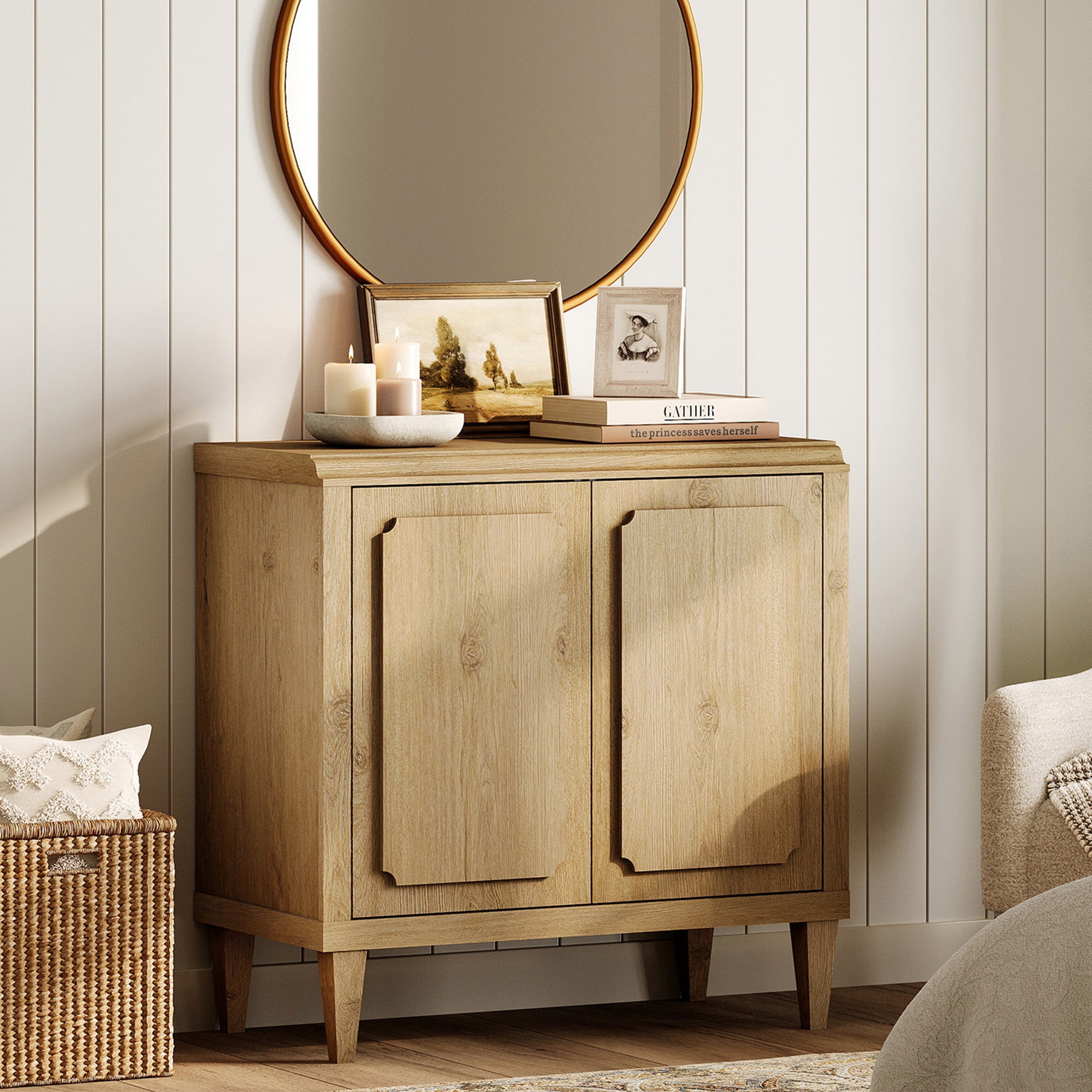 31.5" Oak Buffet Cabinet with Embossed Door, Modern Sideboard with Storage,Oak