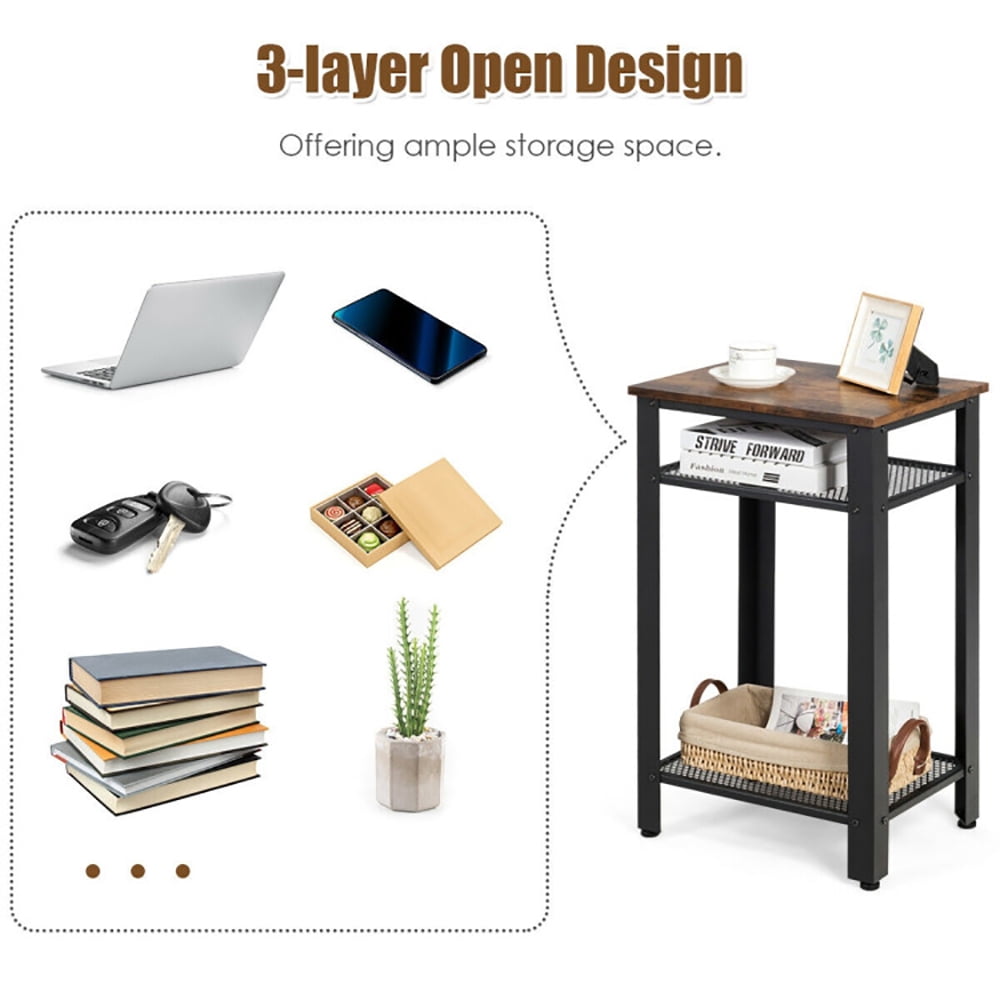 Finihen End Table, 3-Tier Industrial End Table with Metal Mesh Storage Shelves, Sofa Side Table, Bed Side Table, for Living Room, Bedroom, Brown Finihen End Table, 3-Tier Industrial End Table with Metal Mesh Storage Shelves, Sofa Side Table, Bed Side Table, for Living Room, Bedroom, Brown