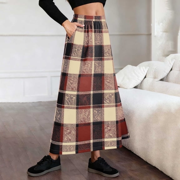ClodeEU Women's Long Plaid Skirt,High Elastic Waist Fall Winter A Line Maxi Warm Wool Skirt With Pockets Orange,Womens Plus XL