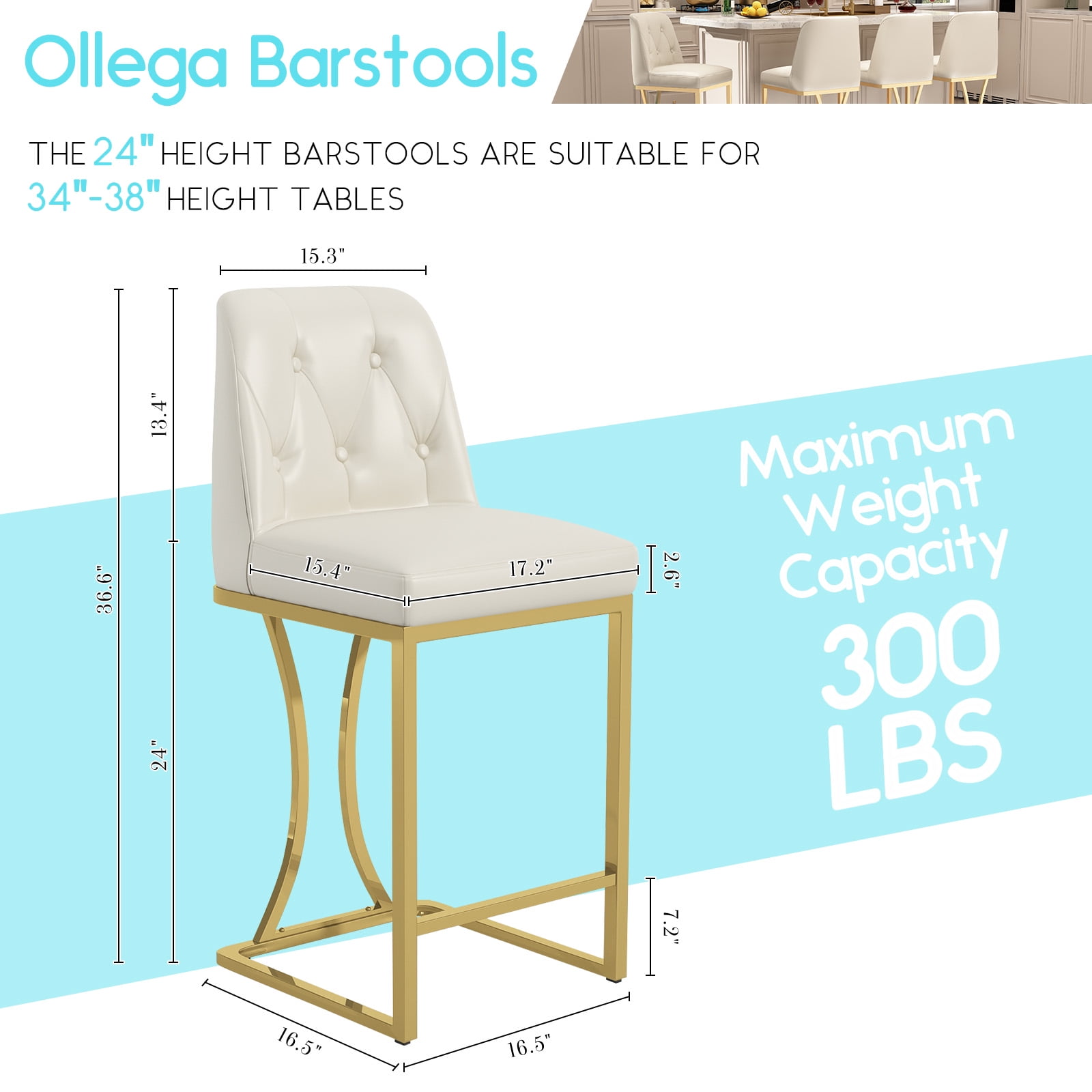 Ninecer 24" Counter Height Bar Stools Set of 2, PU Leather Counter Stool Chairs with Full Back for Home Kitchen Island, Beige & Gold