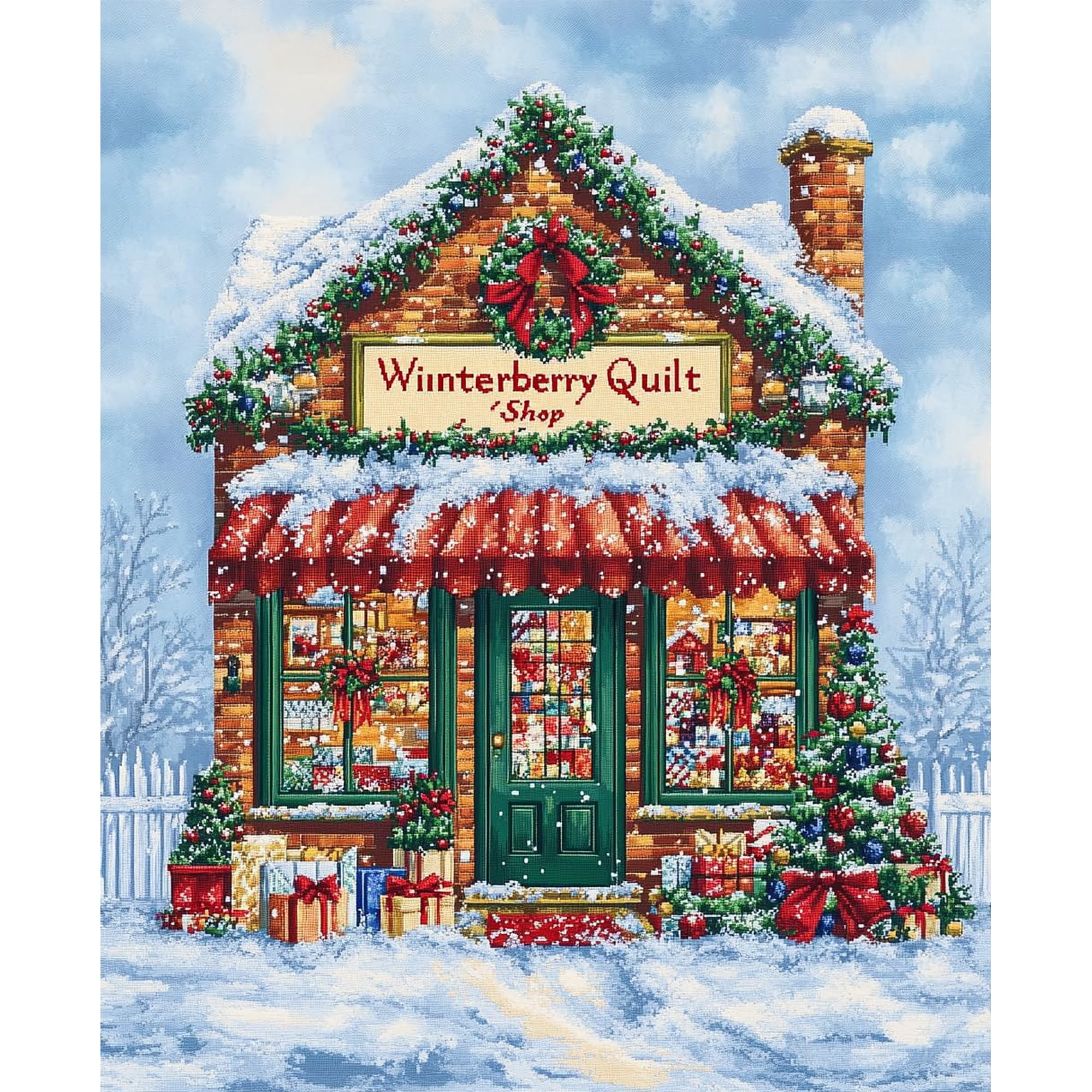 DIY Cross Stitch Kit for Beginners Cozy Winter Quilt Shop 11CT Embroidery Kit with Pattern Stamped Needlepoint Craft Kit for Home Decor 30x40cm-5