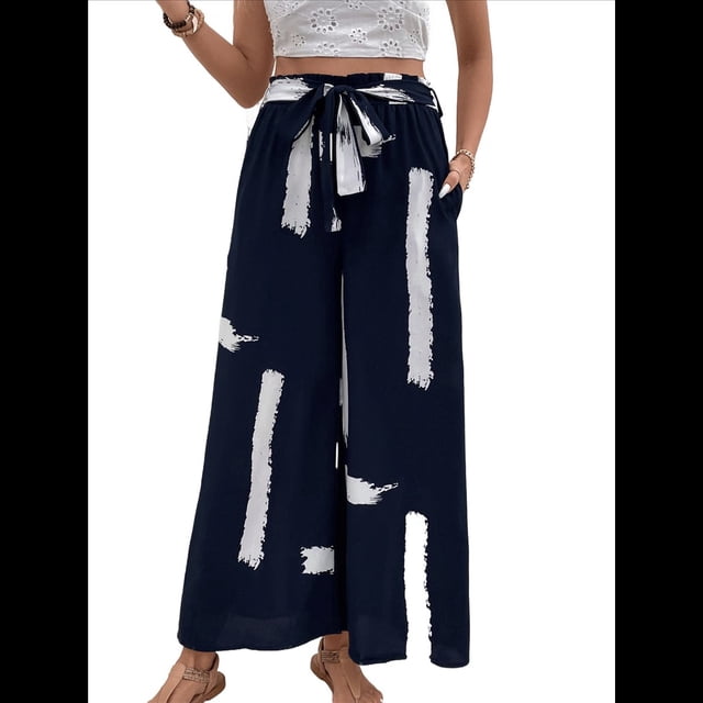 Pantalones para Mujer, Estampado Bohemio, Pierna , Cintura Alta, Holgados, con Cordón y Bolsillos, Informales, Verano 2025. Azul Marino XL