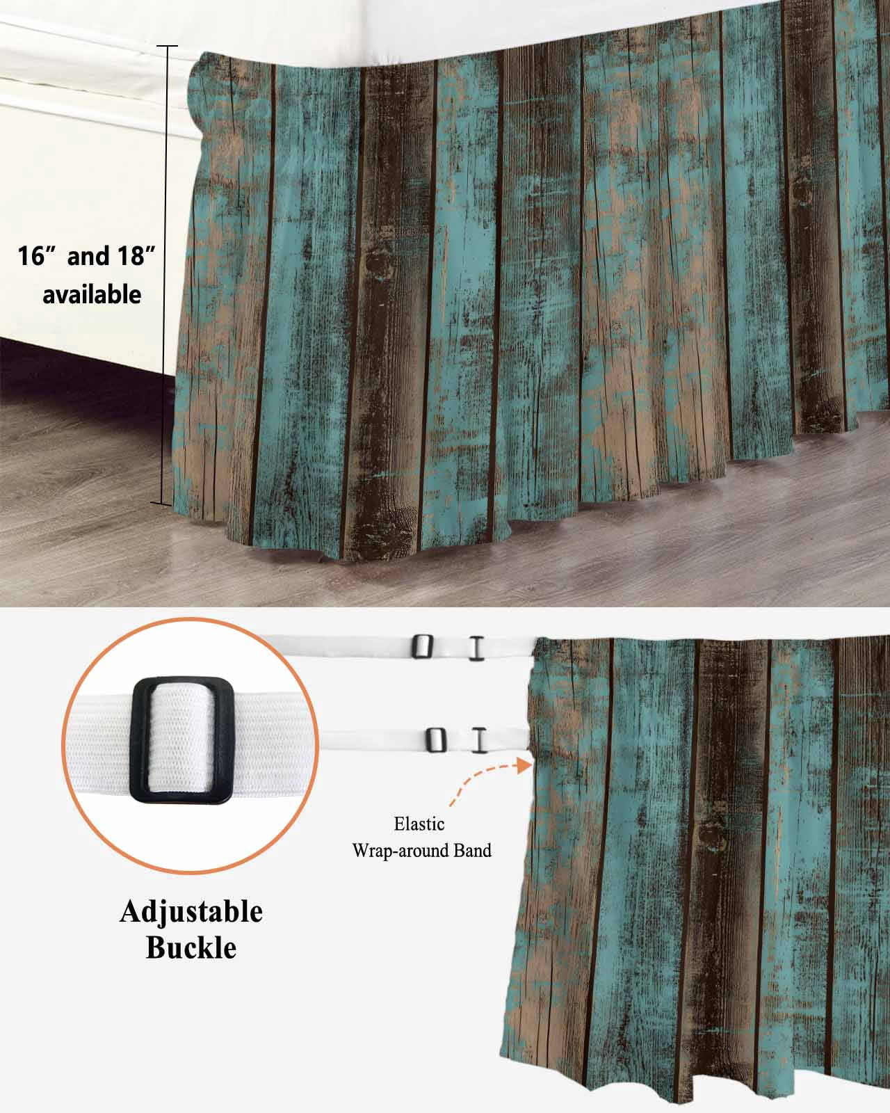 Teal Wood Grain Wrap Around Bed Skirts for Queen Bed 16" Drop,Bed Skirt with Adjustable Elastic Belt Dust Ruffle Bed Valance for Bedroom Hotel Gradient Farm Old Wooden Board Vintage Bed Frame Cover