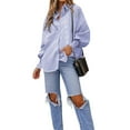 thumbnail image 2 of Women'S Striped Button Down Shirt Smocked Cuffed Boyfriend Blouse Ruffle Sleeve Casual Tunic Tops with Pockets Blue Stripes S, 2 of 7