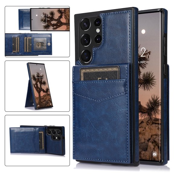 Back Wallet Phone Case for Samsung Galaxy S22 Ultra 2022 with ID & Credit Card Holder Slots Pockets Wallet Back Cover Stand Flip Folio Leather Cell Cases Women Men, Darkblue