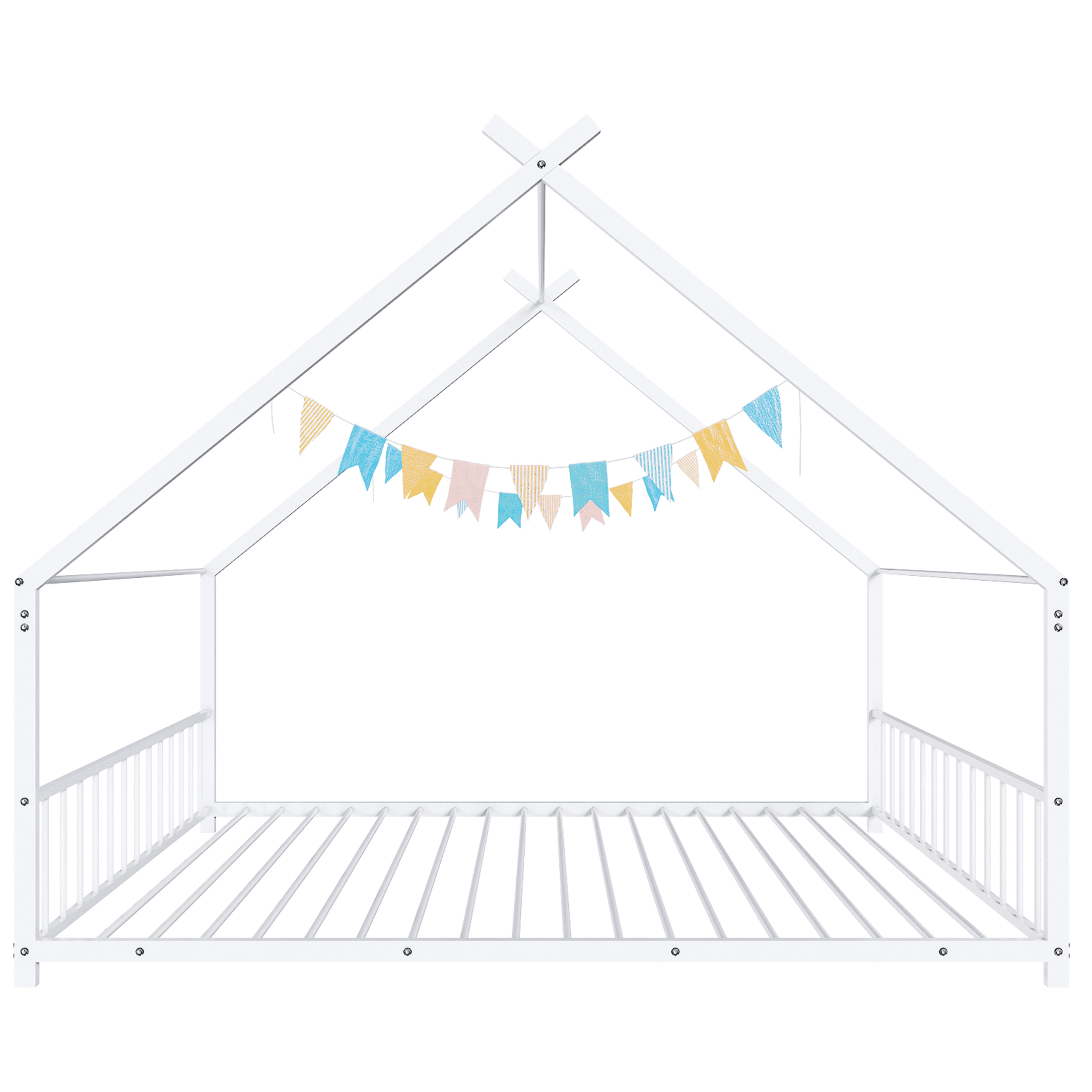 SESSLIFE Twin-Size House Bed, Metal Twin Platform Bed Frame, House-shaped Design, Tent Bed with Roof and Chimney for Bedroom, No Box Spring Needed, Easy Assembly,White