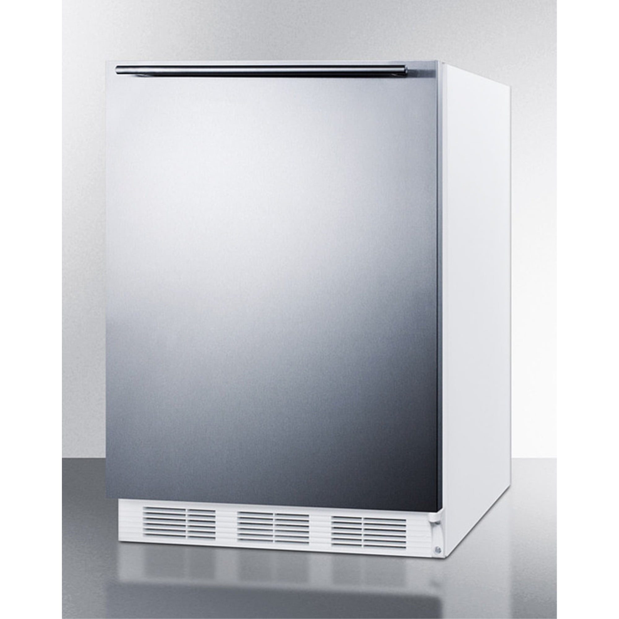 Freestanding counter height refrigerator-freezer for residential use, cycle defrost with a stainless steel wrapped door, towel bar handle, and white cabinet
