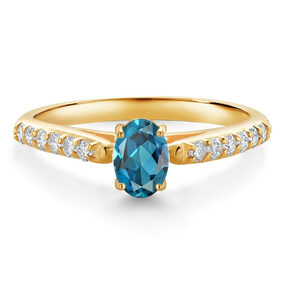 Gem Stone King 10K Yellow Gold London Blue Topaz and White Lab Grown Diamond Engagement Ring for Women (0.78 Cttw, Oval 6X4MM, Gemstone November Birthstone, Size 6)