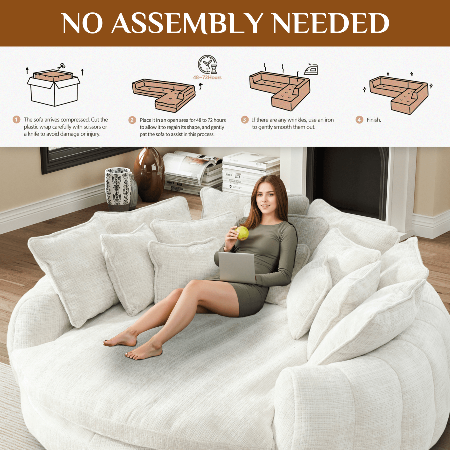 Rophefx 81.1" Oversized Round Chaise Lounge Sofa Bed,Fluffy Plush Cloud Couch with Deep Seat and 14 Pillows,Modern Comfy Couch for Living Room Apartment,Beige