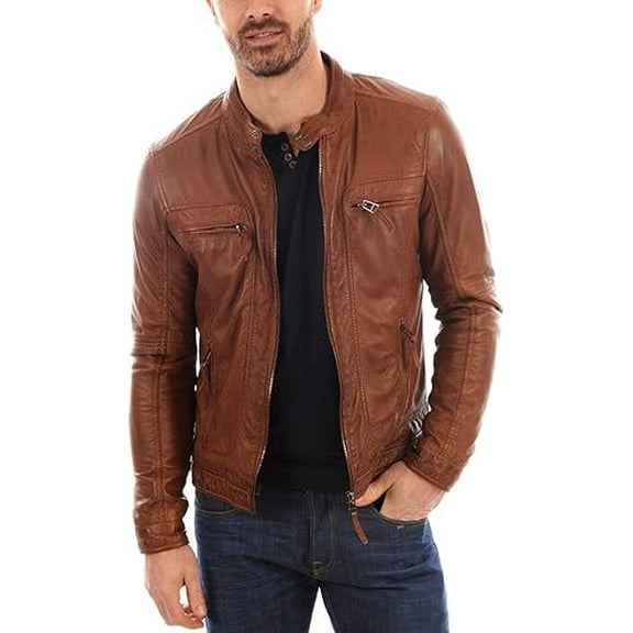 Men's Genuine Tan Lambskin Leather Jacket Biker Soft Stylish Motorcycle Jacket A458