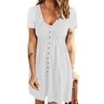 thumbnail image 3 of Vestido con botones delanteros y cuello en V Vestido frontal con botones de cintura alta y manga corta para mujer Primavera Verano Blanco S, 3 of 6