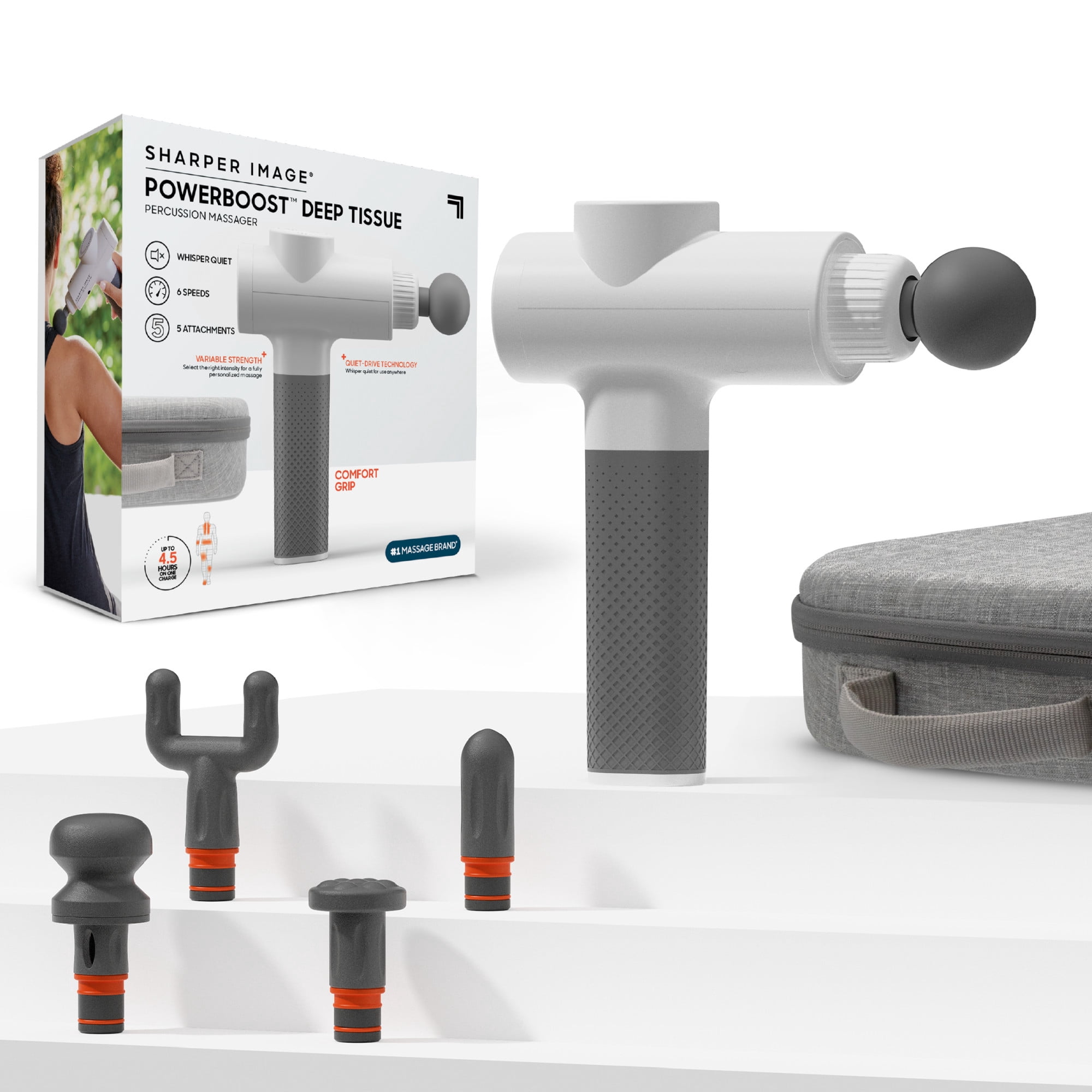Sharper Image® Powerboost® Deep Tissue Percussion Massager Full Body Massage Gun, with 5 Interchangeable Attachments, White