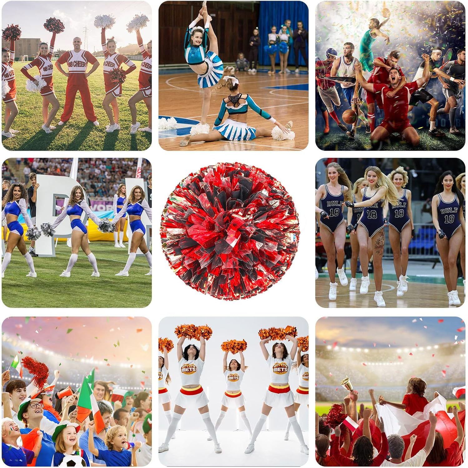 24 Pcs pom poms Cheer,pom poms Cheerleading with Finger Holes Metallic Foil Cheer Pom Pomsfor Dance, Matches (Black Red Silver)