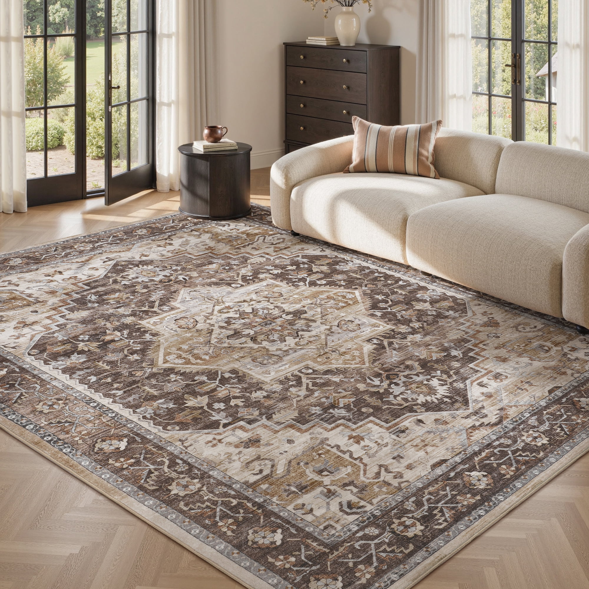 SIXHOME 8'x10' Eastern Classic Area Rug Washable Distressed Carpet Vintage Medallion Rugs for Living Room Bedroom Kitchen Dining Room Retro Neutral Home Decor Brown
