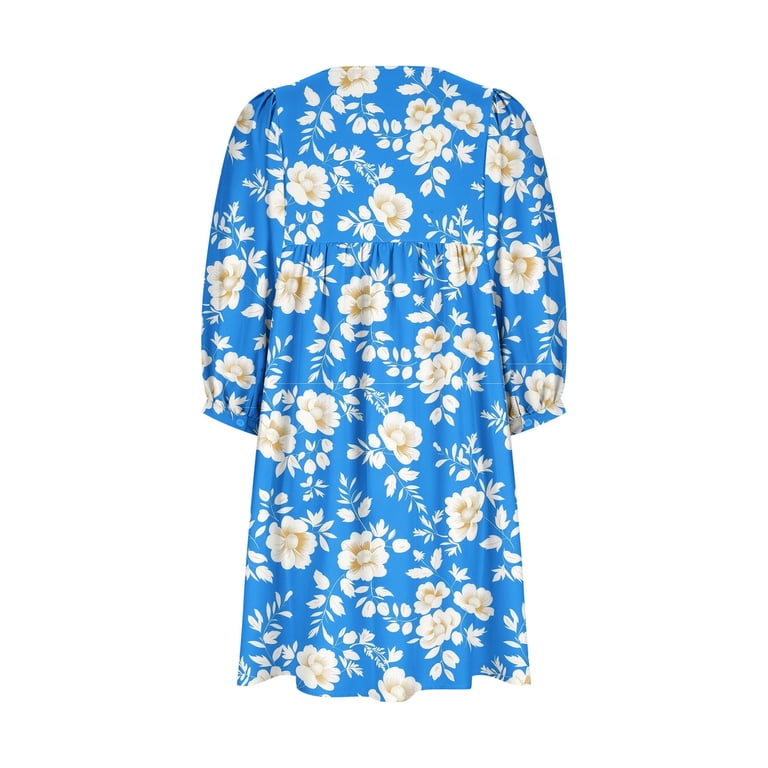 Floral Mini Dress Womens Summer Trendy Half Sleeve Lace-up Keyhole Neck  Loose Babydoll FLowy Short Dress (XXL, Light Blue) - Walmart.com