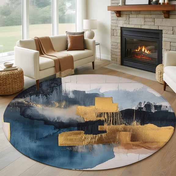 Round Rugs 5Ft, Navy Blue Yellow Round Area Rug Washable Indoor Throw Carpet, Modern Art Abstract Vintage Soft Non Slip Circle Rug for Cabinet Bathroom Home Decor Aesthetic