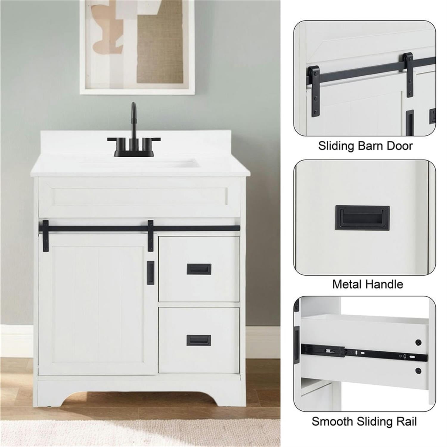 Demi Bonn 30" Freestanding Bathroom Vanity with Single Sink Combo, Farmhouse Undermount Bathroom Vanities Cabinet with Sliding Barn Doors and 2 Drawers, White