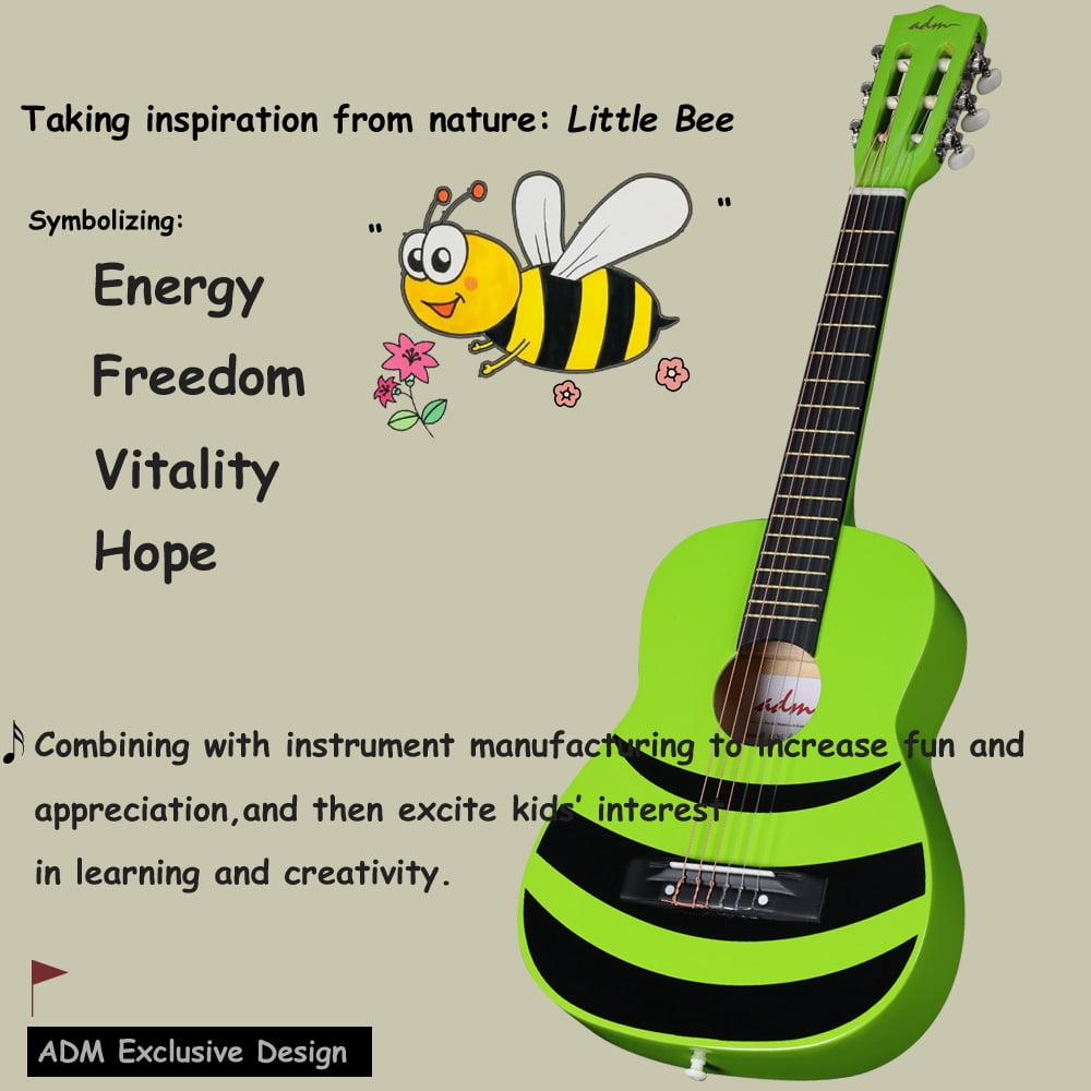 ADM 1/4 Kids Classical Guitar Kit, 30" Junior Guitar Set for Beginnners with Gig Bag, Clip on Tuner, Strap, Picks, Extra Strings, Storage Bag and Cleaning Cloth (Green Honey Bee)