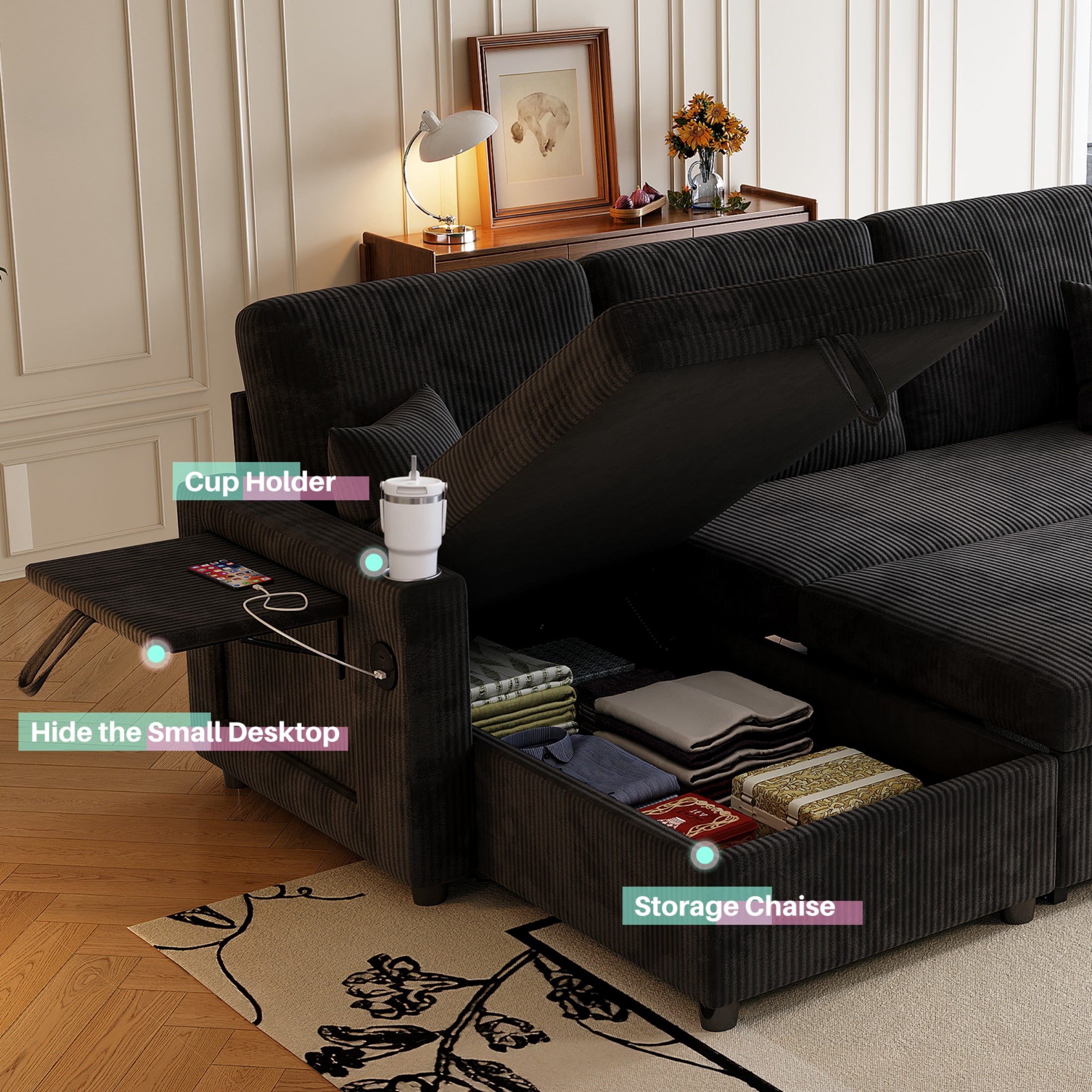 Sleeper Sectional Sofa, 83" Convertible Sofa Bed with Pull Out Couches, Small Desktop, L Shaped Couch with Reversible Chaise, Cup Holders, USB, Modern Corduroy Sofas for Living Room Apartment, Black