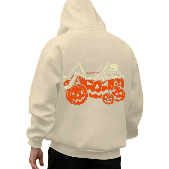 Mens Hoodies Casual Halloween Pumpkin Print Long Sleeve Hooded Sweatshirt Pullover Soft Loose Fall Winter Daily Wear Sweatshirts for Men Beige L