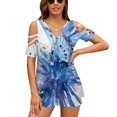 thumbnail image 3 of T-Shirts à Manches Courtes à Volants Bleu et Bleu, Col en V, Mode Décontractée, Bleu et Fleurs, 3 of 5