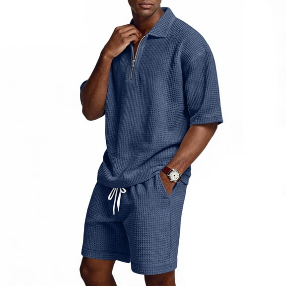 Domuza Mens 2 Piece Outfits Casual Quarter Zip Polo Shirt and Shorts Set Waffle Knit Lounge Set Summer Tracksuit Navy 3XL