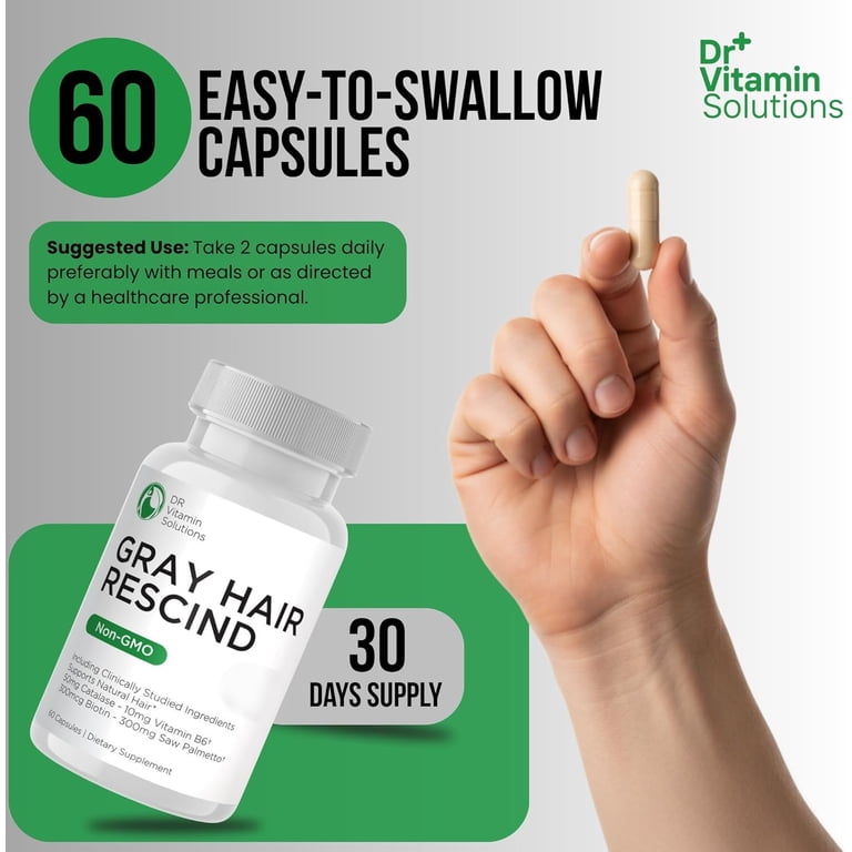 DR Vitamin Solutions Gray Hair Rescind Hair Vitamins Capsules, Hair  Supplements with Catalase, 60 Count