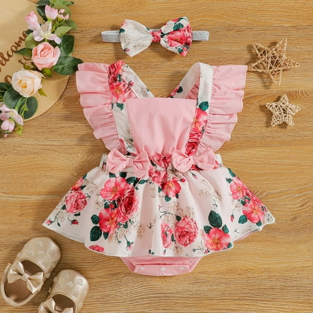 

QISIWOLE Toddler Baby Girls Fashion Cute Flowers Print Ruffles Short Sleeve Romper Bow Bodysuit Jumpsuit Suit 0-2 Years Deals