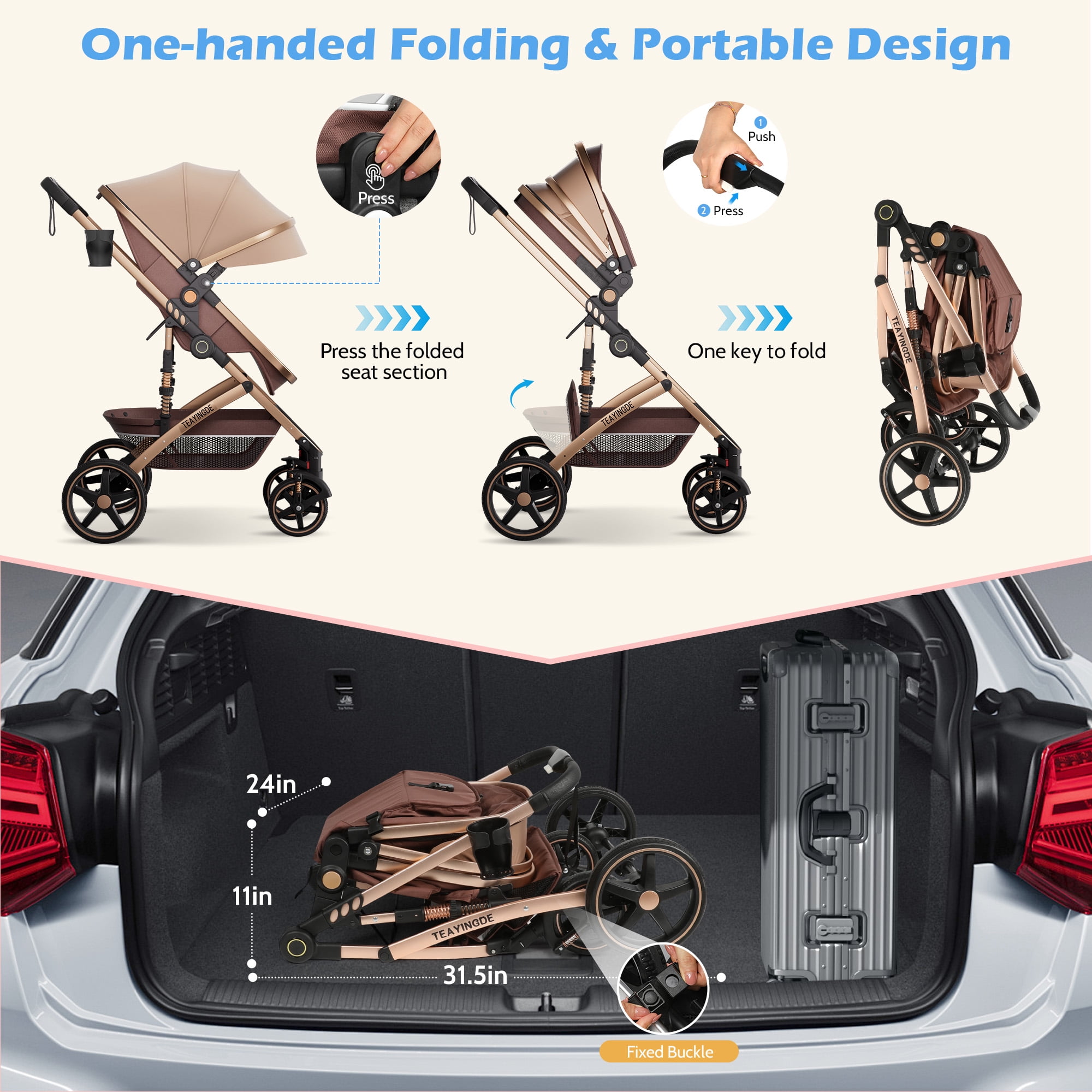 babyeap 2 in 1 Baby Stroller,Foldable Lightweight Carriage Reversible Bassinet Pram for Toddler,Travel Stroller with with Cup Holder、Storage Bag,Brown