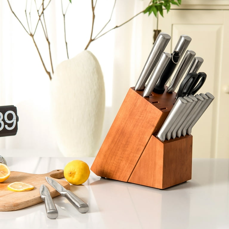 FETERVIC Knife Block Set, 16 Pieces Kitchen Knife Set with Block, Stainless Steel Knife Set for Best Gift, Home, Brown
