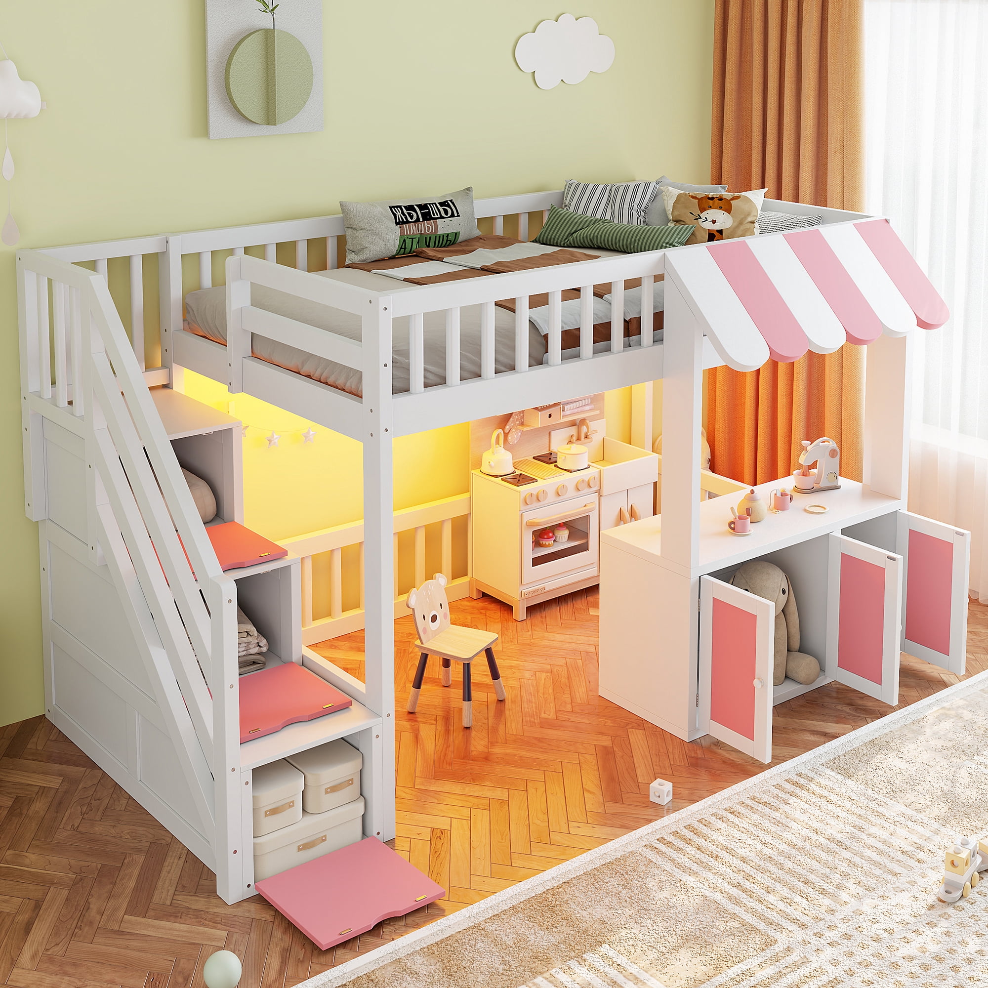 Mintazer Twin Size Loft Bed with Play Storefront & LED Lights, Kids Loft Bed with Guardrail and Storage Staircase & Cabinet for Bedroom, White & Pink