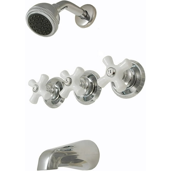 8" Three-handle Tub and Shower Faucets, Chrome Plated, Washerless, Porcelain Handle - Plumb USA 34580