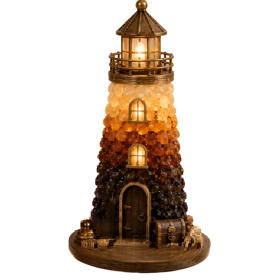 Seaglass Lighted Lighthouse Model Kit Featuring Warm Led Light, Gradient Seaglass Blocks, and Wooden Base, Coastal Room Decor for Home Office, Bedroom, and Study, Husband Birthday