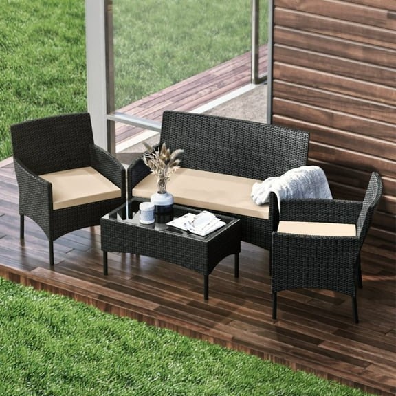 Hearth & Harbor Outdoor Furniture Set, 4 Piece Wicker Patio Chairs Set, Black with Beige Cushions