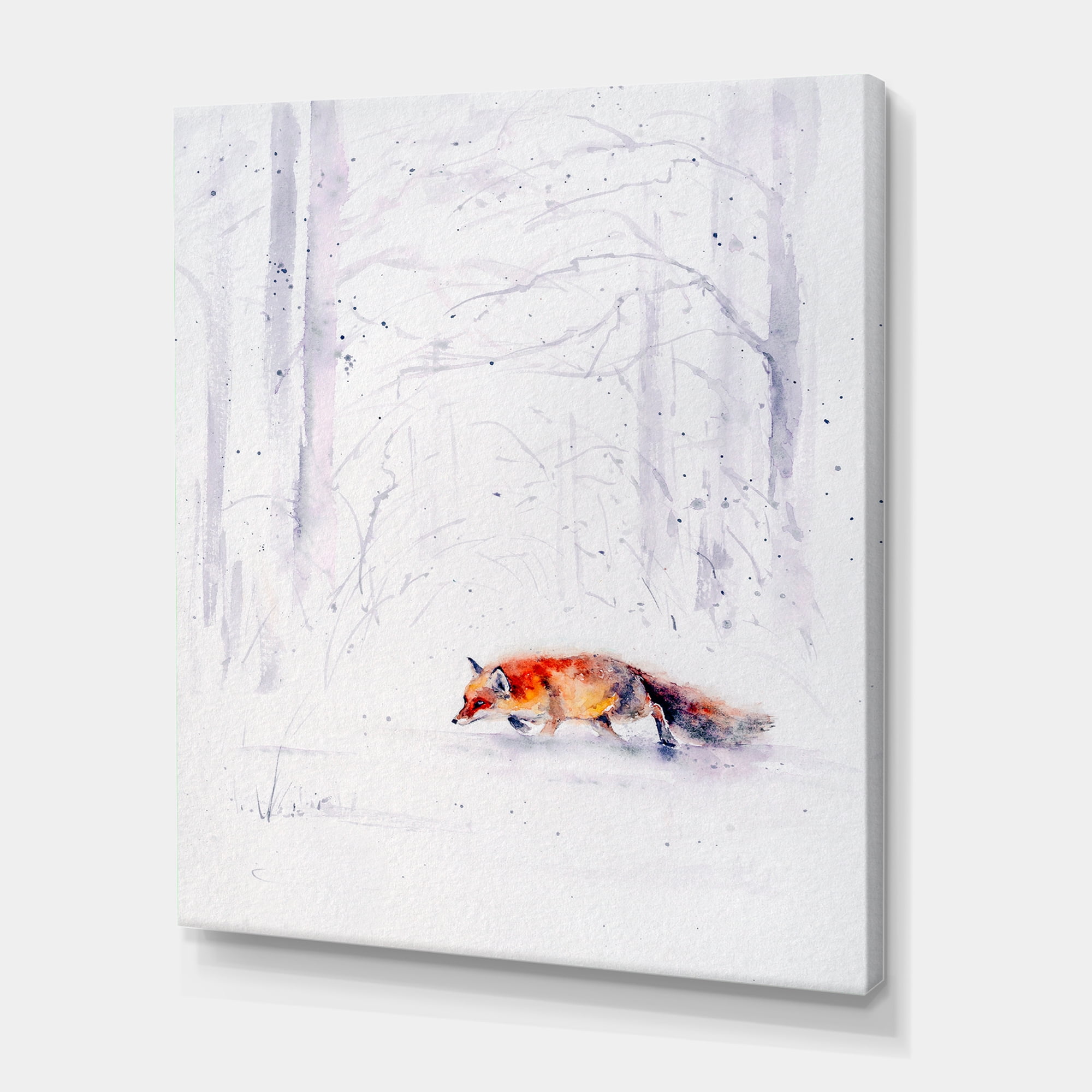 Red Fox Running In White Snow in Countryside II 8 in x 12 in Painting Canvas Art Print, by Designart