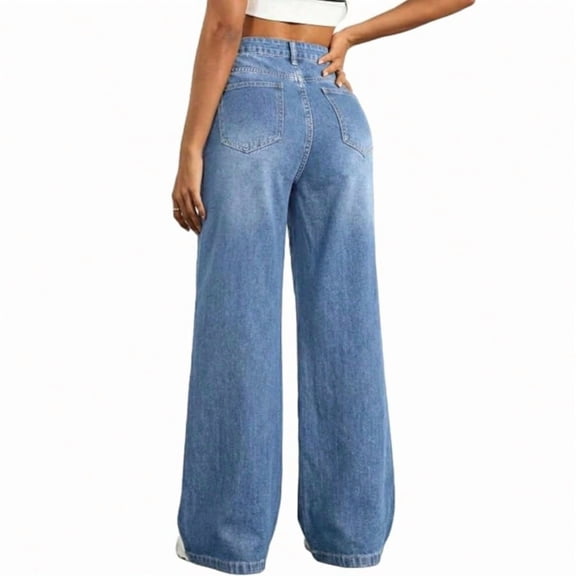EMMIOL Women's Wide Leg Baggy Jeans Mid Rise Butt Lifting Stretchy Denim Pants Back Patchwork Boyfriend Jeans
