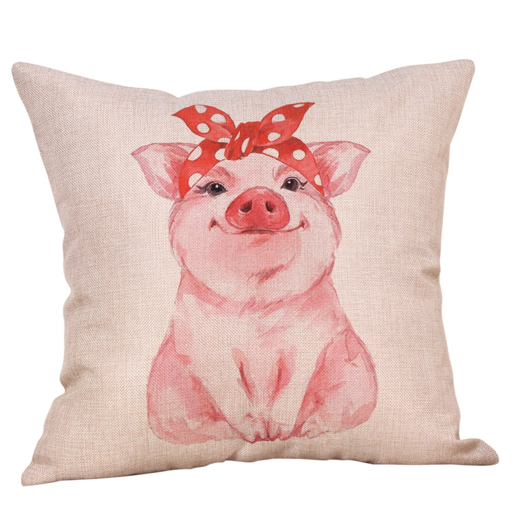 Linen Cushion Cover Cute Animals Art Pig Kid's Room Decorative Throw Pillow Case 