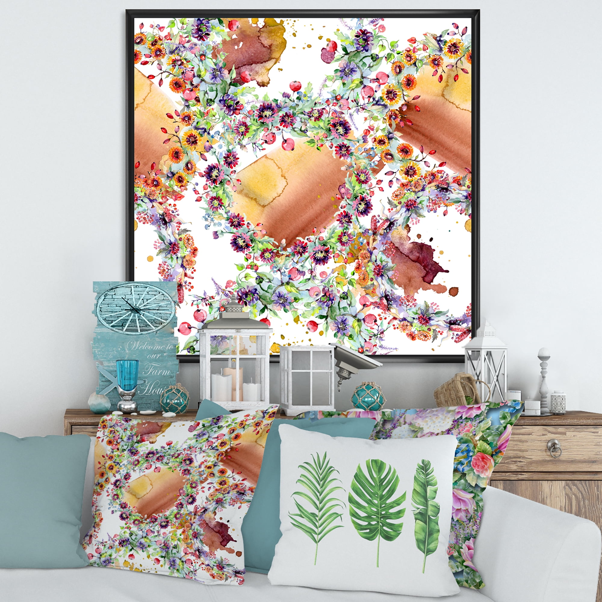 Designart 'Vibrant Wild Spring Leaves, Berries and Wildflowers' Modern Framed Canvas Wall Art Print