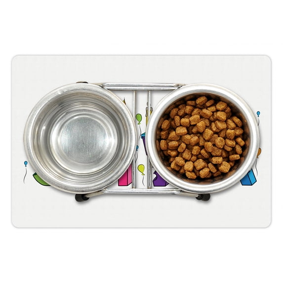 Olivia Pet Mat for Food and Water, Colorful Balloons with Cartoon Style Composition Letter Cake Girl Name Illustration, Non-Slip Rubber Mat for Dogs and Cats, 18" X 12", by Ambesonne