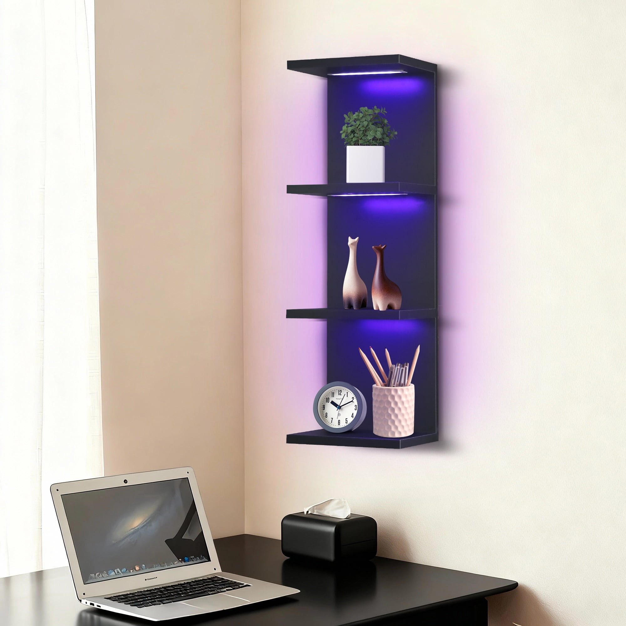 Versatile 4 Tier Wall Shelf Unit,Black Lack Wall Shelf,Display Floating Shelf with RGB Remote Control Light