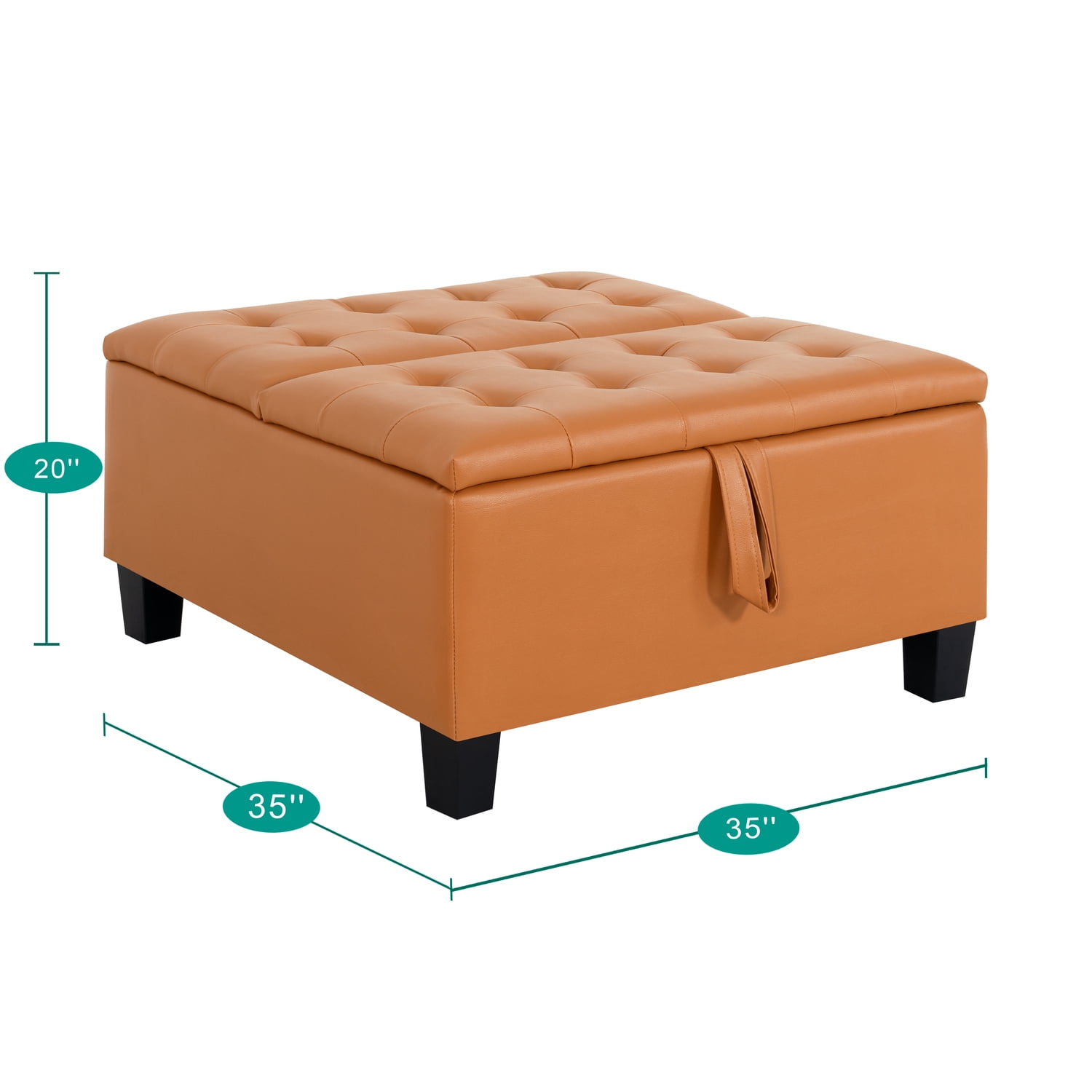 Charlotte 35 Inch Large Square Storage Ottoman Bench, Tufted Upholstered Lift Top Coffee Table Ottoman with Storage, Oversized Storage Ottomans, Toy Box, Air Leather Footrest for Living Room – Caramel